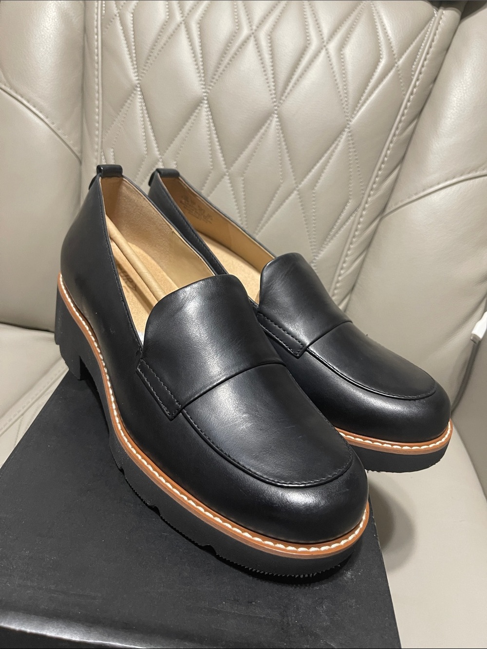 Naturalizer DARRY Black Leather Platform Loafers with Tan Welt
